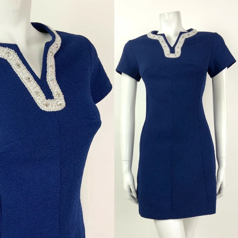 Mermaid - Style Women Dress with a Fitted Silhouette for Special Occasions Mermaid - Style Women Dress with a Fitted Silhouette for Special Occasions VINTAGE 60s 70s NAVY BLUE SILVER DIAMANTE WHITE TRIM SHORT DRESS 8 10