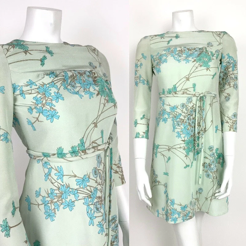 Mermaid - Style Women Dress with a Fitted Silhouette for Special Occasions Mermaid - Style Women Dress with a Fitted Silhouette for Special Occasions VINTAGE 60s MINT GREEN BLUE TEAL BEIGE METAL FLORAL SUMMER MINI DRESS 6
