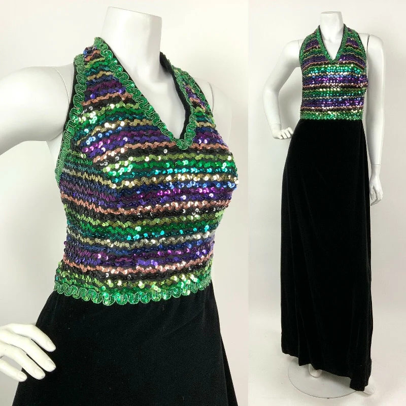 Pleated Women Dress with a Timeless and Elegant Texture Pleated Women Dress with a Timeless and Elegant Texture VTG 60s 70s BLACK VELVET GREEN PURPLE GOLD SEQUIN DISCO HALTER MAXI DRESS 10 12