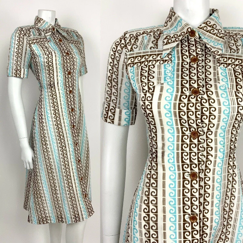 Printed Abstract Women Dress for a Modern and Artistic Appeal Printed Abstract Women Dress for a Modern and Artistic Appeal VTG 60s 70s BLUE BROWN WHITE GOLD WAVE OP ART DAGGER COLLAR SHIRT DRESS 8 10