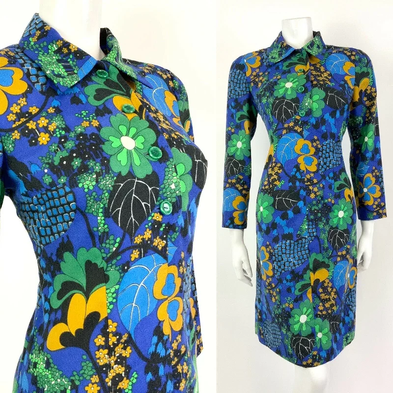 Wrap - Style Women Dress with Adjustable Fit for All Body Types Wrap - Style Women Dress with Adjustable Fit for All Body Types VTG 60s 70s BLUE YELLOW BLACK GREEN FLORAL LEAFY PSYCHEDELIC SHIRT DRESS 10 12
