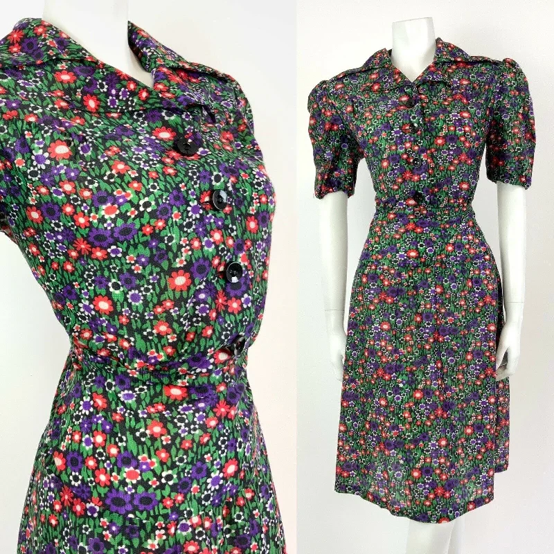 Printed Abstract Women Dress for a Modern and Artistic Appeal Printed Abstract Women Dress for a Modern and Artistic Appeal VTG 60s 70s GREEN PURPLE RED BLACK FLORAL DAISY DITSY MOD DAGGER SHIRT DRESS 12
