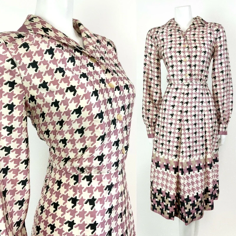 Printed Abstract Women Dress for a Modern and Artistic Appeal Printed Abstract Women Dress for a Modern and Artistic Appeal VTG 60s 70s WHITE PINK BLACK HOUNDSTOOTH MOD PLEATED DAGGER SHIRT DRESS 10 12