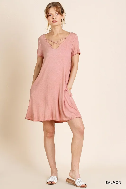 Pleated Women Dress with a Timeless and Elegant Texture Pleated Women Dress with a Timeless and Elegant Texture Washed Criss Cross V-Neck Pocket T-Shirt Dress by Umgee Clothing