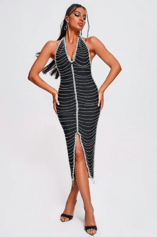 Pleated Women Dress with a Timeless and Elegant Texture Pleated Women Dress with a Timeless and Elegant Texture "Xiomara" Black Embellished Front Slit Halter Bandage Dress