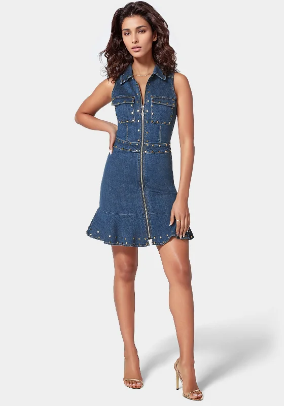 Printed Abstract Women Dress for a Modern and Artistic Appeal Printed Abstract Women Dress for a Modern and Artistic Appeal Zip Front Stud Detail Fit And Flare Denim Dress