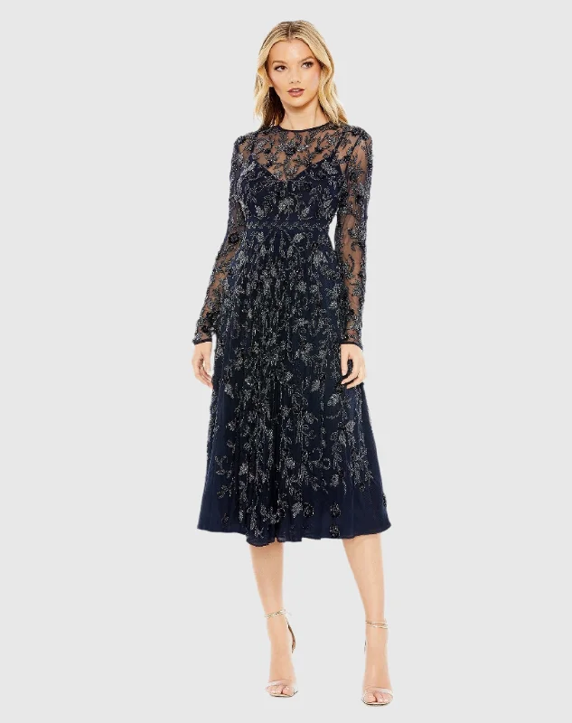 Plaid midi dresses for a fall - themed family gathering Beaded Illusion High Neck Long Sleeve A Line Gown