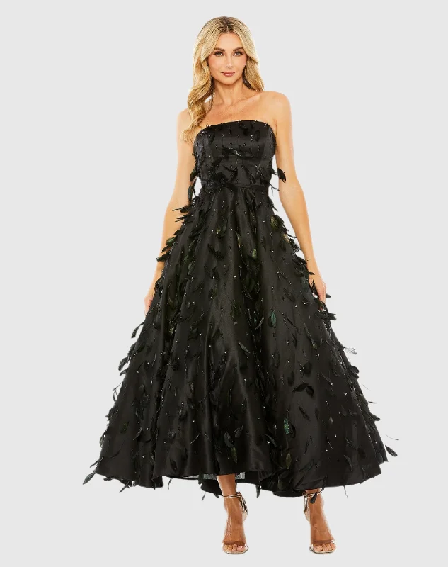 Midi dresses with button - front designs for a classic touch Strapless Feather Embellished Ball Gown Midi dresses with button - front designs for a classic touch Strapless Feather Embellished Ball Gown