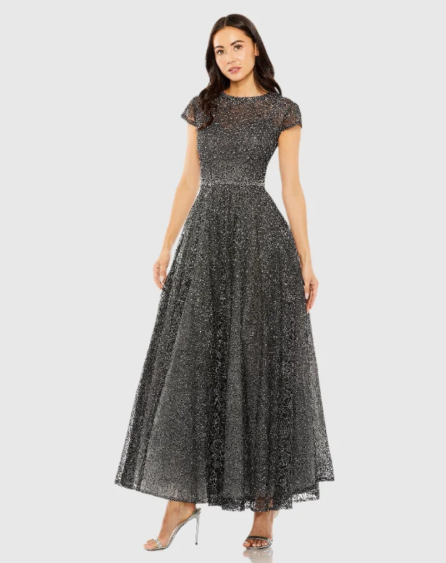 Midi dresses with tassel accents for a bohemian and free - spirited style Gray Embellished Cap Sleeve A Line Dress