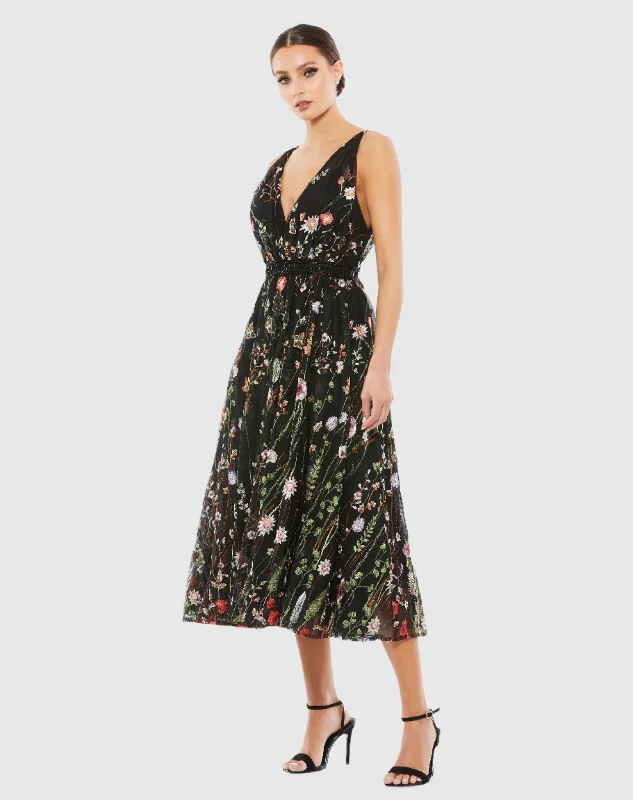 Midi dresses with abstract art prints for an artistic statement Floral Embroidered Midi Dress