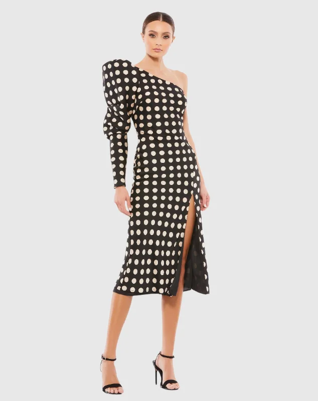 Midi dresses with embroidered accents for a unique and detailed design Long Puff Sleeve Polka Dot Tea Length Dress Midi dresses with embroidered accents for a unique and detailed design Long Puff Sleeve Polka Dot Tea Length Dress