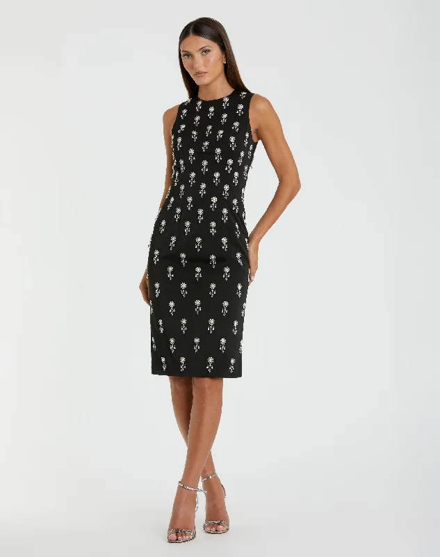 Midi dresses with side slits for a sexy and elegant appearance Embellished Sleeveless Fitted Cocktail Dress