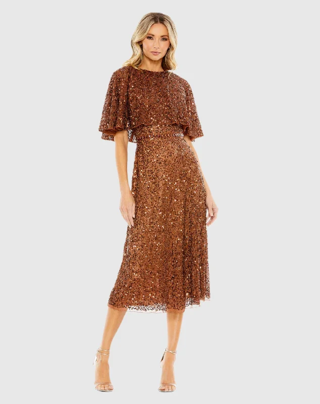Midi dresses with gathered skirts for a full and flowing silhouette Embellished Cape High Neck Midi Dress