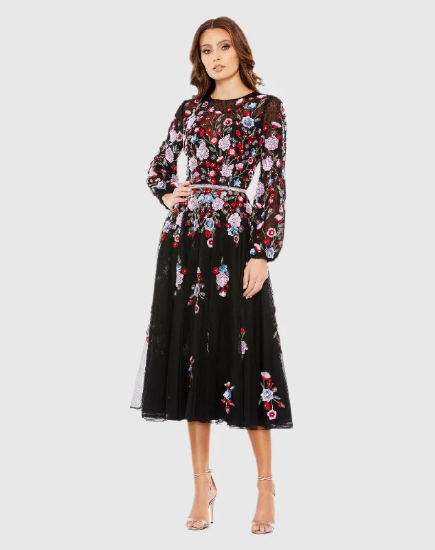 Midi dresses with tiered skirts for a bohemian festival look Sequined Floral High Neck Puff Sleeve Cocktail Dress Midi dresses with tiered skirts for a bohemian festival look Sequined Floral High Neck Puff Sleeve Cocktail Dress