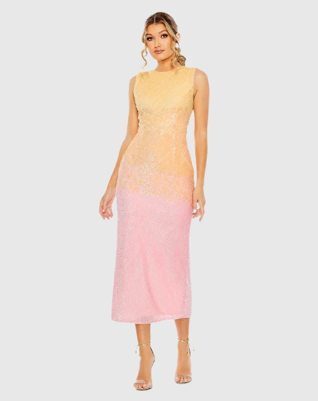 A - line midi dresses with floral prints for spring brunches High Neck Ombre Sequin Cocktail Dress