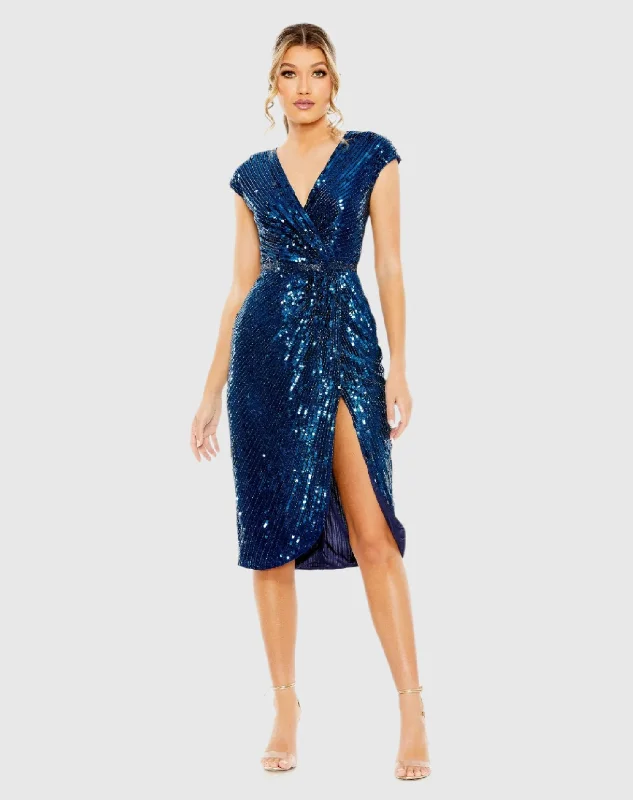 Midi dresses with V - necklines for a flattering and elongating effect Sequin Faux Wrap Front Slit Dress