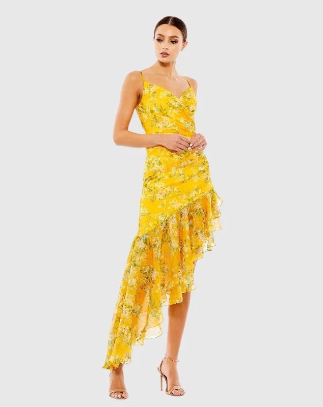 Plaid midi dresses for a fall - themed family gathering Floral Ruffle Asymmetrical Hi Low Hem Dress Plaid midi dresses for a fall - themed family gathering Floral Ruffle Asymmetrical Hi Low Hem Dress