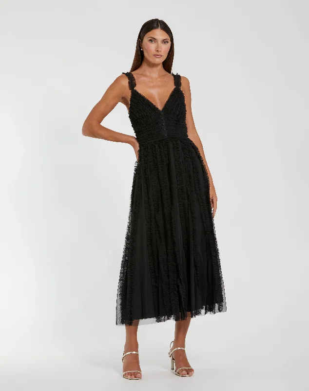 Midi dresses with pleated bodices for a classic and tailored look Sleeveless Ruffle Tiered Dress Midi dresses with pleated bodices for a classic and tailored look Sleeveless Ruffle Tiered Dress