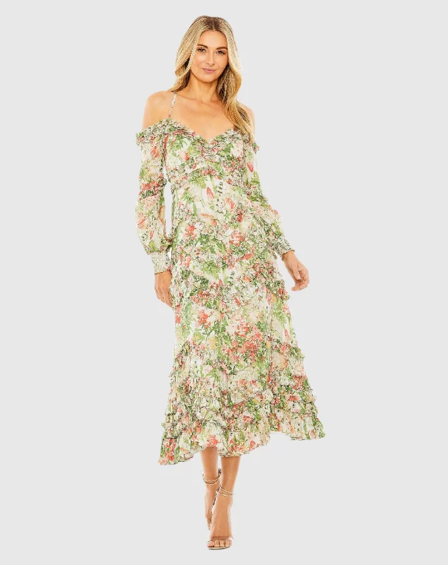 Midi dresses with satin - finish fabrics for a luxurious feel Floral Long Sleeve Ruffle Detail Dress