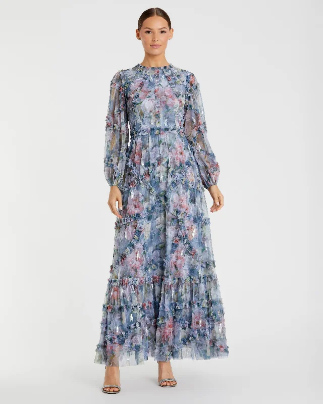 Midi dresses with V - necklines for a flattering and elongating effect Long Sleeve High Neck Ruffle Detail Gown Midi dresses with V - necklines for a flattering and elongating effect Long Sleeve High Neck Ruffle Detail Gown