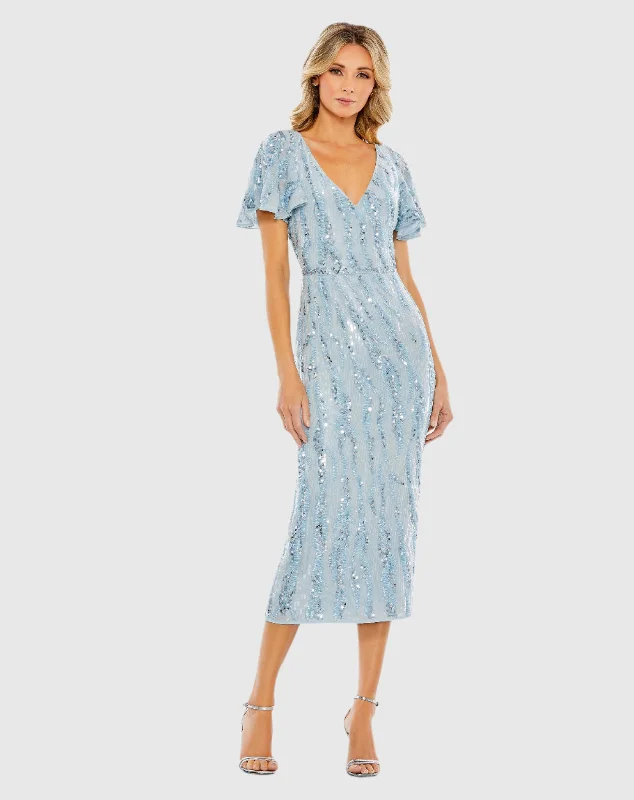 Midi dresses with polka dot prints for a playful summer outfit Sequined V Neck Flutter Sleeve Tea Length Dress
