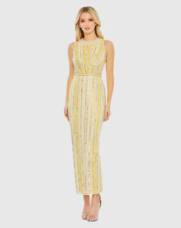 Midi dresses with denim fabric for a casual yet stylish day out Embellished Halter Neckline Column Dress Midi dresses with denim fabric for a casual yet stylish day out Embellished Halter Neckline Column Dress