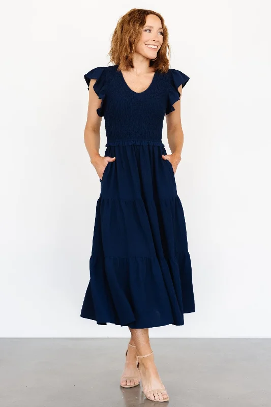 Midi dresses with ruched sleeves for a more fitted and stylish arm look Afton Smocked Tiered Dress | Navy