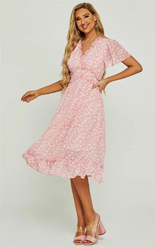 Midi dresses with puff sleeves for a vintage - inspired look Angel Sleeve Frill Detail V Neck Midi Dress In Pink Flora Print