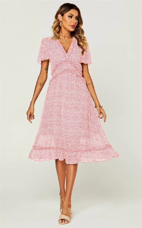 Midi dresses with off - the - shoulder necklines for a flirty look Angel Sleeve Frill Detail V Neck Midi Dress In Pink Leopard Print