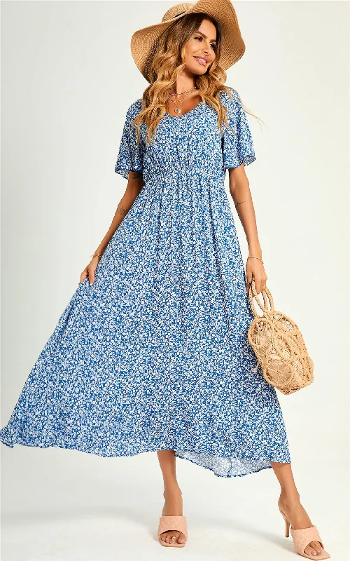 Midi dresses with ruffled hems for a romantic date night Angel Sleeve V Neck Floral Print Maxi Dress In Blue Midi dresses with ruffled hems for a romantic date night Angel Sleeve V Neck Floral Print Maxi Dress In Blue