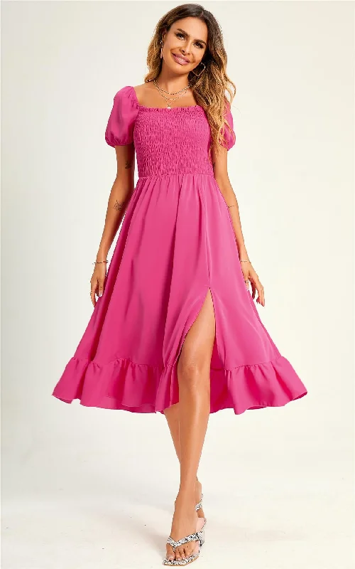 Midi dresses with geometric cutouts for a contemporary and edgy look Bardot Puff Sleeve Elasticated Detail Midi Dress In Fuchsia Pink Midi dresses with geometric cutouts for a contemporary and edgy look Bardot Puff Sleeve Elasticated Detail Midi Dress In Fuchsia Pink