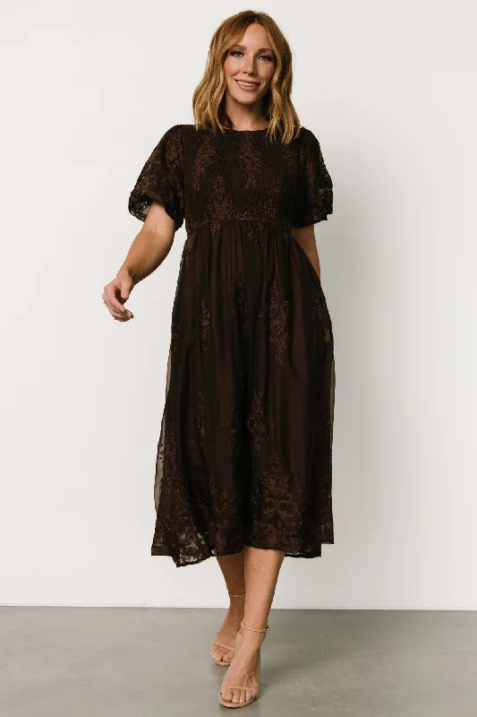 High - low midi dresses with geometric patterns for a modern party Corrine Embroidered Midi Dress | Brown
