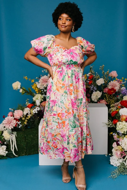 Midi dresses with cold - shoulder cutouts for a trendy style Denzel Puff Sleeve Midi Dress | Multi Floral Midi dresses with cold - shoulder cutouts for a trendy style Denzel Puff Sleeve Midi Dress | Multi Floral