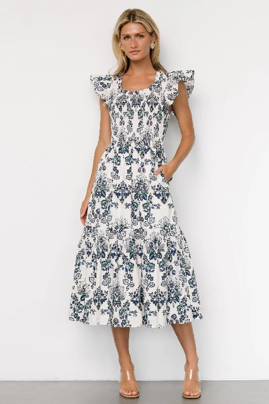 Midi dresses with cold - shoulder cutouts for a trendy style Dominique Midi Dress | White + Cobalt