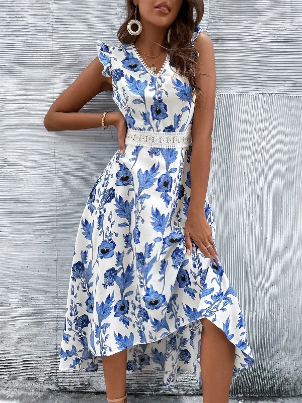 Midi dresses with pleated skirts for a timeless and elegant appeal FashionSierra - Lace Stitching Floral Print Hollow Beach Long Dress