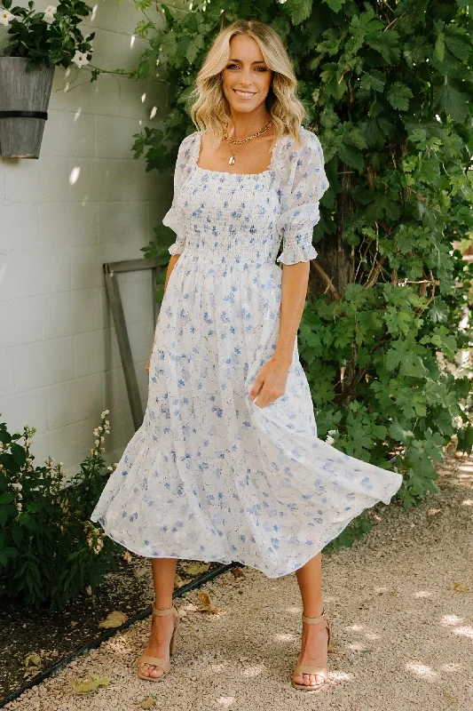 Midi dresses with cotton - blend materials for everyday comfort Fabian Jacquard Midi Dress | Blue Floral Midi dresses with cotton - blend materials for everyday comfort Fabian Jacquard Midi Dress | Blue Floral