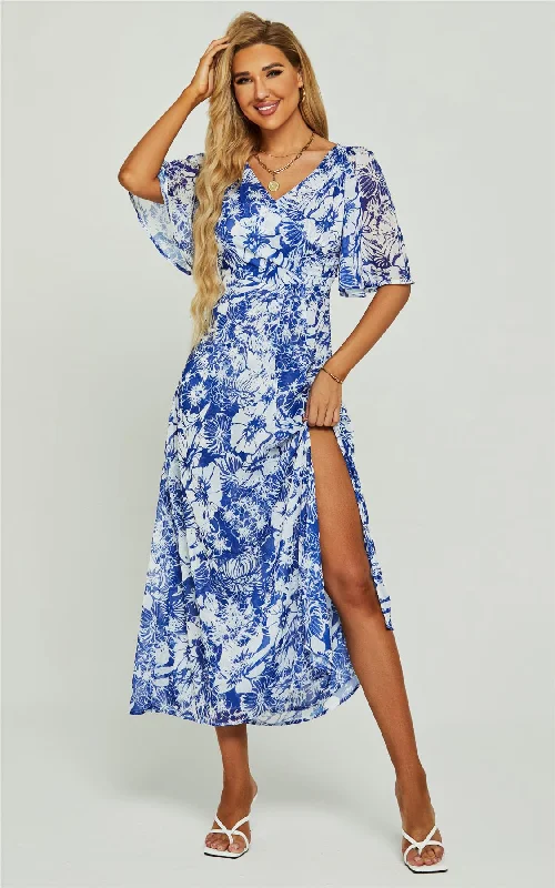 Midi dresses with sheer panels for a touch of allure Flora Print Angel Sleeve Wrap Split Midi Dress In Blue