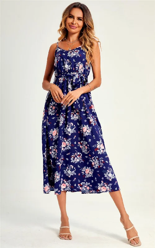 Midi dresses with metallic threads for a glamorous evening event Flora Print Strap Midi Dress In Blue Midi dresses with metallic threads for a glamorous evening event Flora Print Strap Midi Dress In Blue
