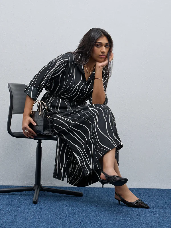 Midi dresses with gathered skirts for a full and flowing silhouette Gia Black Swirl Printed A-Line Shirt Dress Midi dresses with gathered skirts for a full and flowing silhouette Gia Black Swirl Printed A-Line Shirt Dress