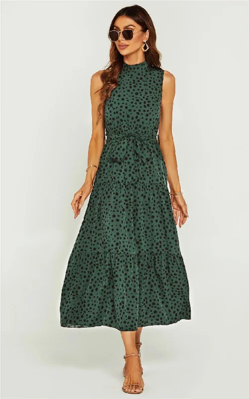 Midi dresses with belted waists to accentuate the figure Halter Neck Maxi Layer Dress In Green & Black Leopard Print