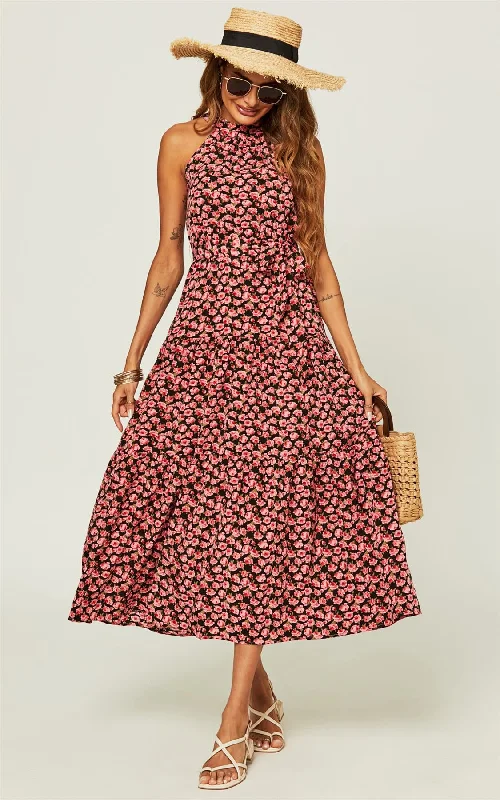 Midi dresses with wrap - around skirts for a customizable fit Halter Neck Maxi Layer Dress In Pink Floral Print Midi dresses with wrap - around skirts for a customizable fit Halter Neck Maxi Layer Dress In Pink Floral Print