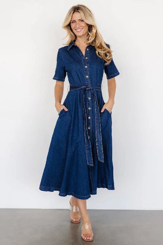 Sheath midi dresses with beaded embellishments for a formal occasion Janelle Midi Dress | Denim Blue