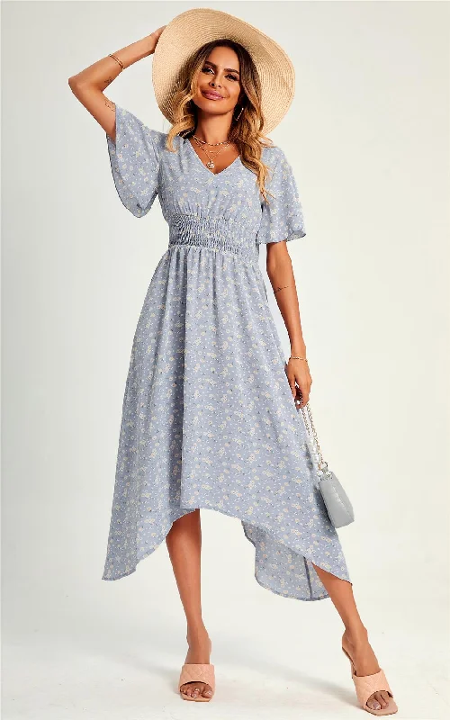 Midi dresses with ribbed textures for a unique and tactile appearance Little Flora Print Elasticated Waist High Low Midi Dress In Grey Midi dresses with ribbed textures for a unique and tactile appearance Little Flora Print Elasticated Waist High Low Midi Dress In Grey