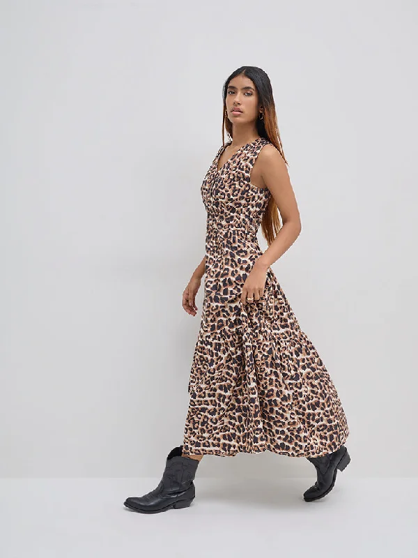 Midi dresses with button - down skirts for a unique and functional design LOV Brown Leopard Printed Cotton Tiered Dress Midi dresses with button - down skirts for a unique and functional design LOV Brown Leopard Printed Cotton Tiered Dress