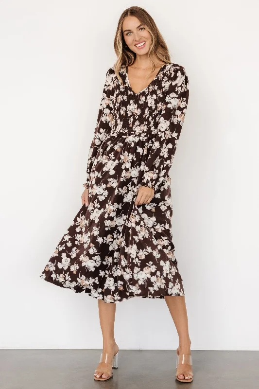 Midi dresses with bow accents for a sweet and charming look Matilda Smocked Midi Dress | Brown Floral Midi dresses with bow accents for a sweet and charming look Matilda Smocked Midi Dress | Brown Floral