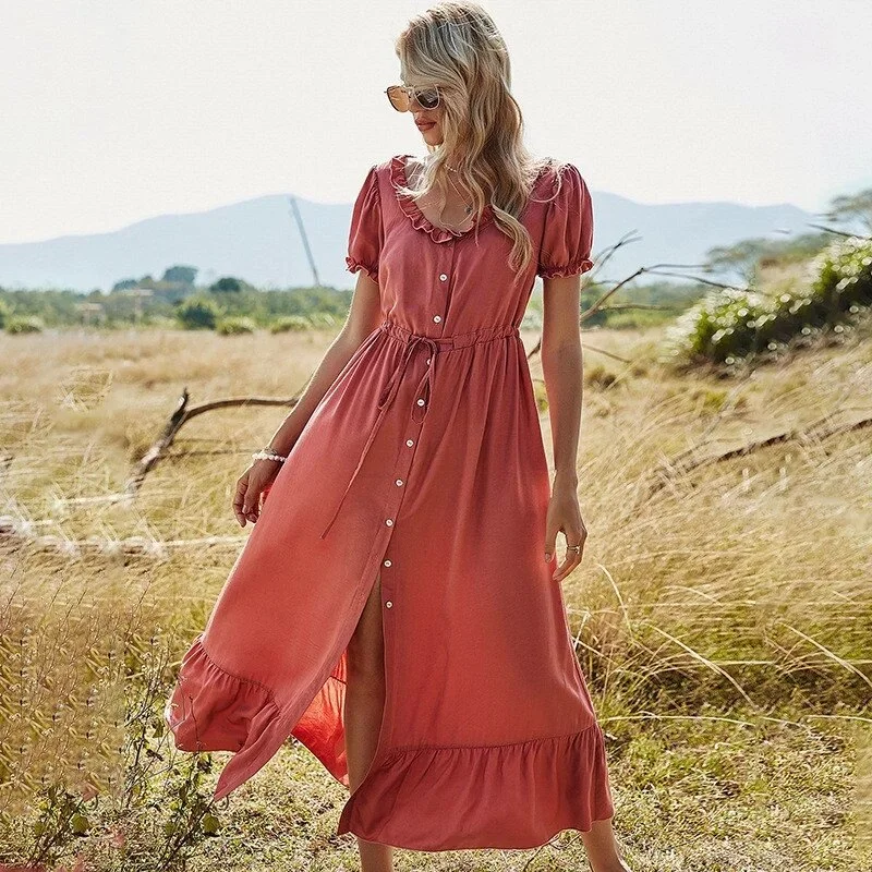 Midi dresses with sheer panels for a touch of allure FashionSierra - Puff Sleeve Solid Ruffles Button V Neck Elegant Casual Dress Midi dresses with sheer panels for a touch of allure FashionSierra - Puff Sleeve Solid Ruffles Button V Neck Elegant Casual Dress