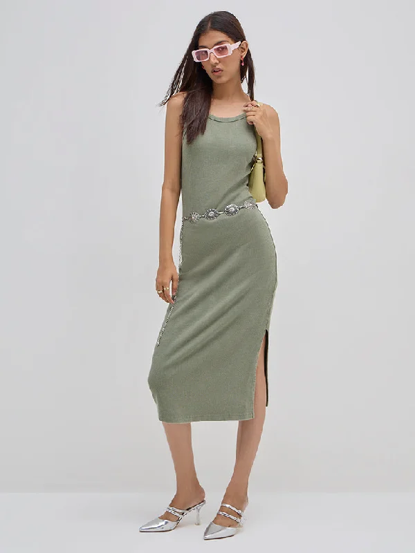 A - line midi dresses with floral prints for spring brunches Nuon Olive Ribbed Textured Cotton Bodycon Dress A - line midi dresses with floral prints for spring brunches Nuon Olive Ribbed Textured Cotton Bodycon Dress