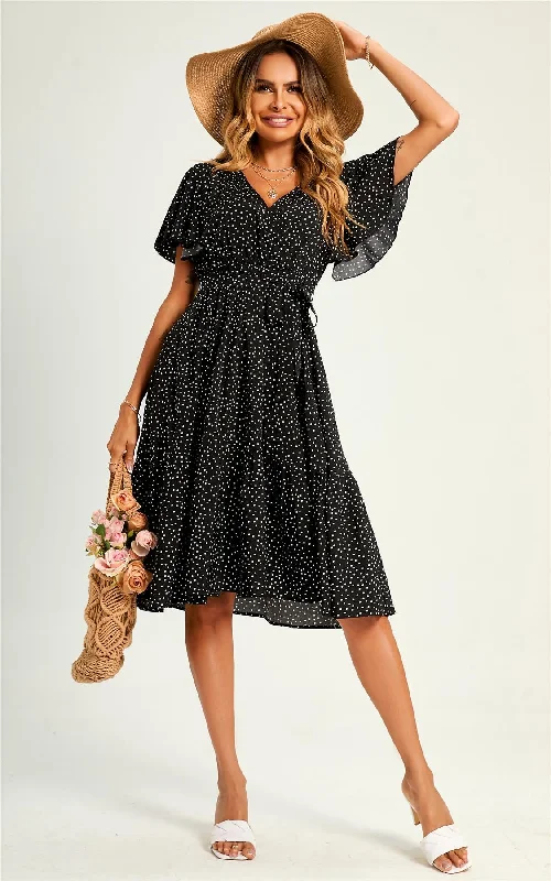 Midi dresses with embroidered accents for a unique and detailed design Polka Dot Hem Tiered Wrap Midi Dress In Black Midi dresses with embroidered accents for a unique and detailed design Polka Dot Hem Tiered Wrap Midi Dress In Black