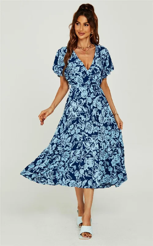 Midi dresses with abstract art prints for an artistic statement Pretty Floral Print Wrap Midi Dress In Blue