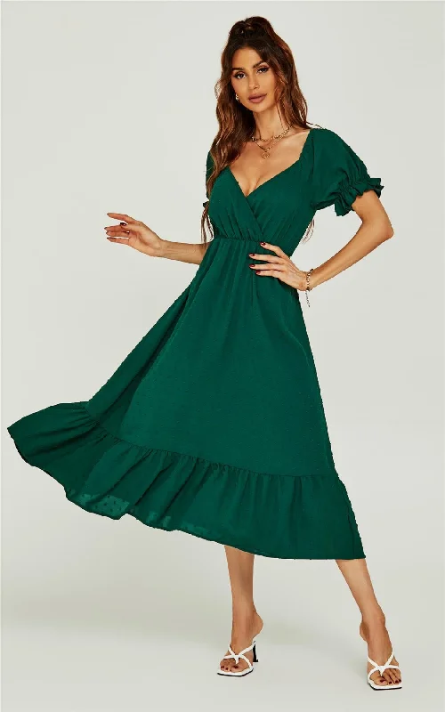 Midi dresses with ribbed textures for a unique and tactile appearance Puff Sleeve Wrap Style Midi Dress In Dark Green